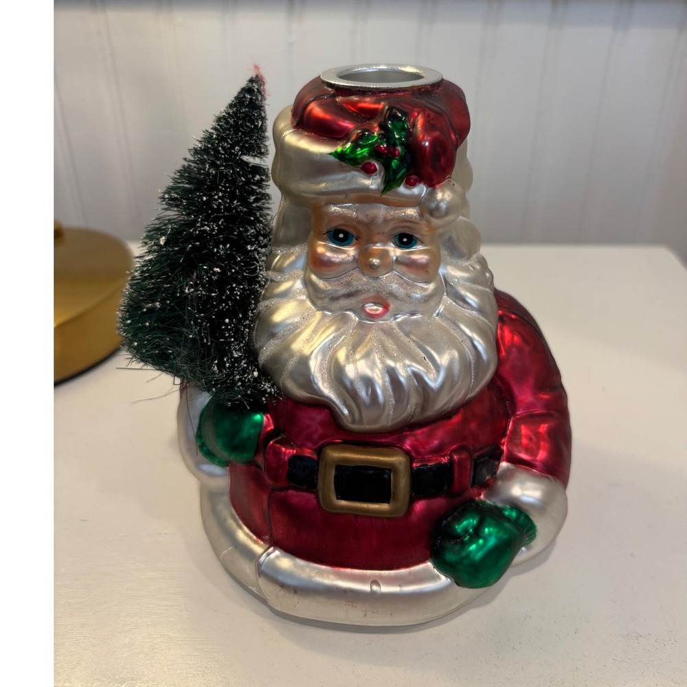 Department 56 Santa Claus Taper Candle Holder Metallic Red Silver Sisal Tree 6"